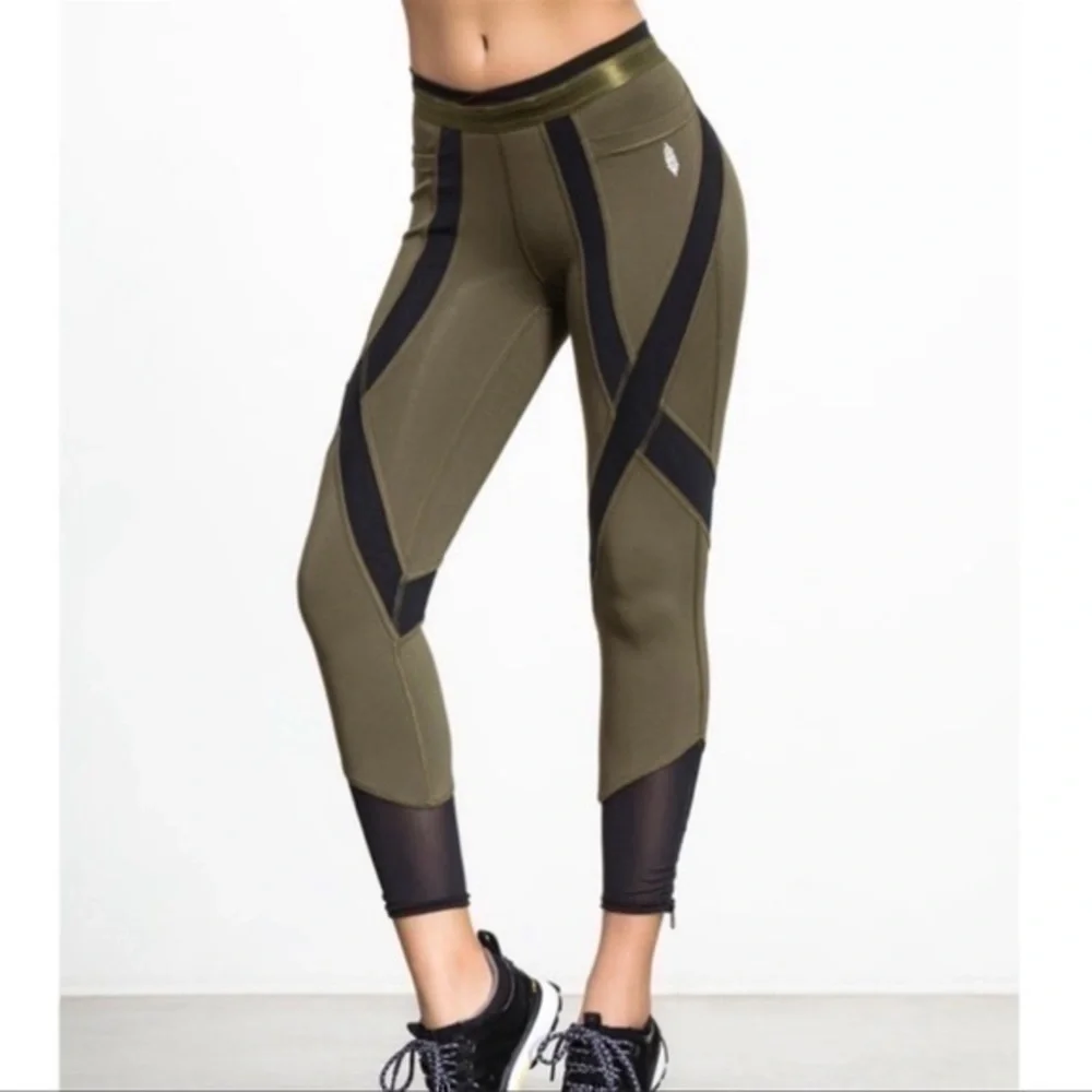 Free People • Movement Mesh Panel Zipper Ankle Army Green Leggings S